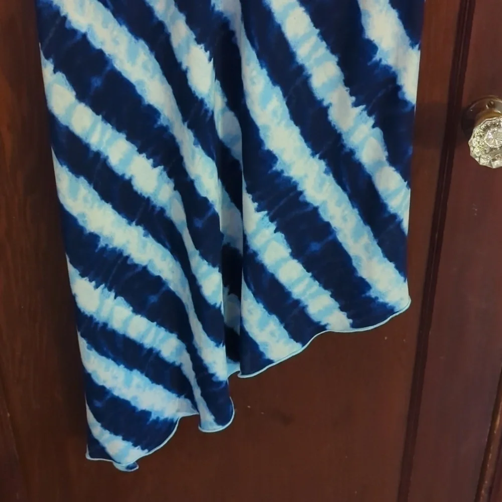 Soft Surroundings Sz M Asymmetric Hem Blue White Stripes Semi See Through Tunic